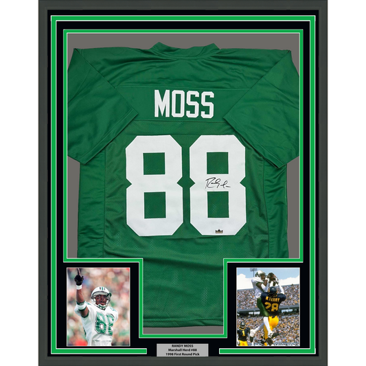 Framed Facsimile Autographed Randy Moss 35x39 Marshall Green Reprint Laser Auto College Football Jersey