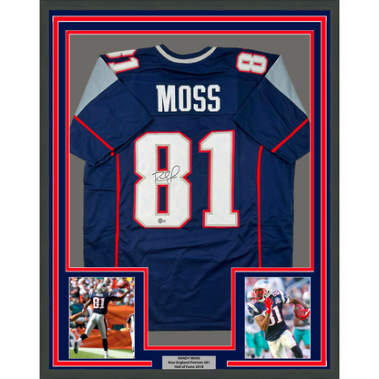 Framed Autographed/Signed Randy Moss 35x39 New England Blue Football Jersey Beckett BAS COA