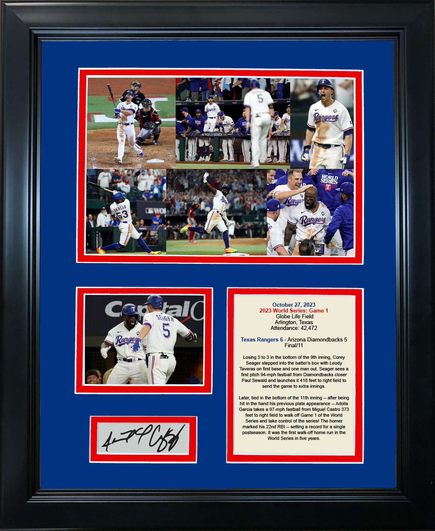 Framed Texas Rangers 2023 World Series Game 1 Corey Seager & Adolis Garcia Home Runs Facsimile Laser Engraved Signature Auto 11"x14" Baseball Photo Sig Collage