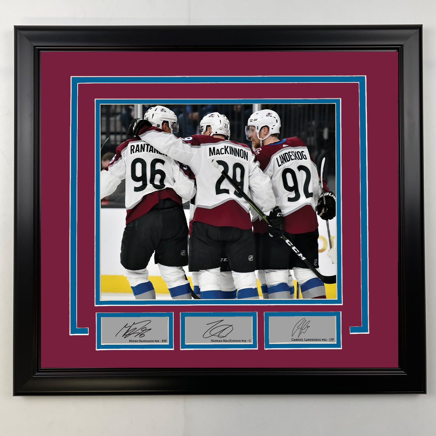 Framed Mikko Rantanen, Nathan MacKinnon and Gabriel Landeskog Facsimile Laser Engraved Signatures Colorado Avalanche 19x21 Football Photo