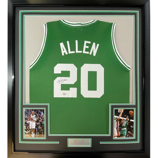 Framed Autographed/Signed Ray Allen 35x39 Boston Green Basketball Jersey Beckett BAS COA