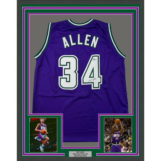 Framed Autographed/Signed Ray Allen 35x39 Milwaukee Purple Basketball Jersey Beckett BAS COA
