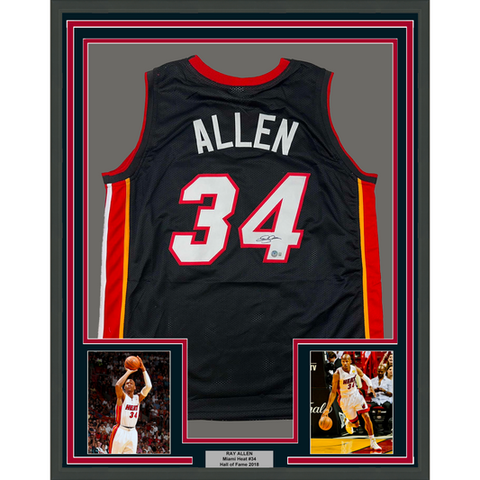 Framed Autographed/Signed Ray Allen 35x39 Miami Black Basketball Jersey Beckett BAS COA
