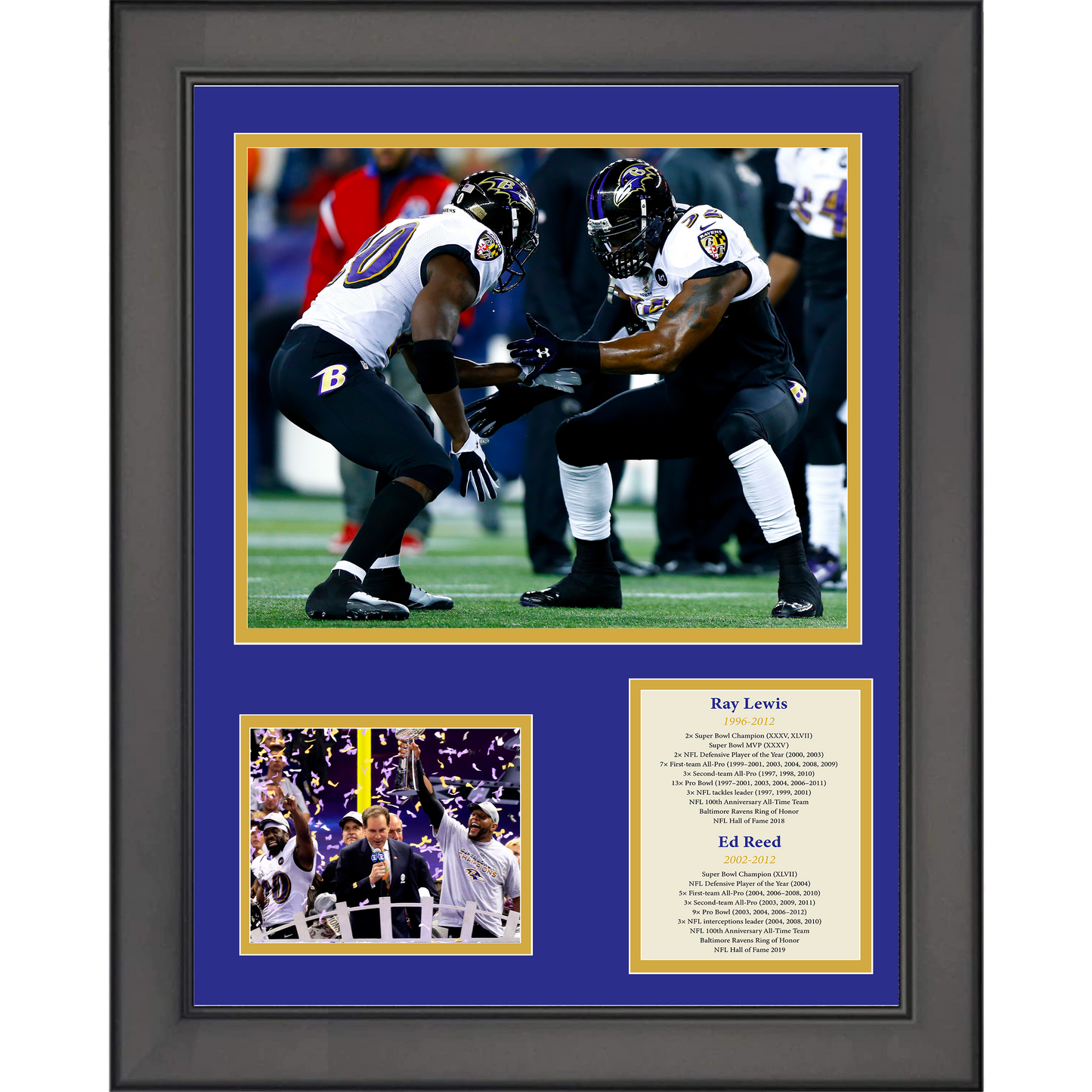 Framed Ray Lewis & Ed Reed Hall of Fame Baltimore Ravens Football 11"x14" Three Photo Collage