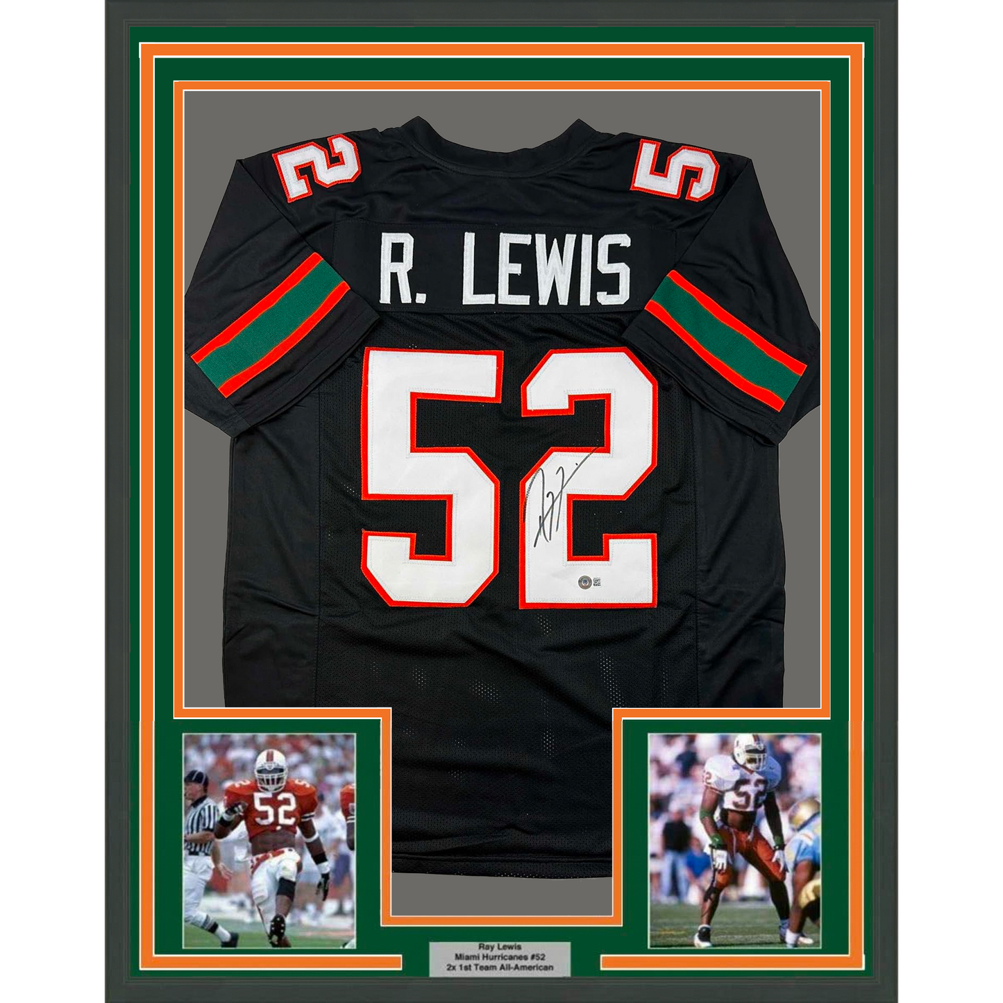 Framed Autographed/Signed Ray Lewis 35x39 Miami Black College Football Jersey Beckett BAS COA