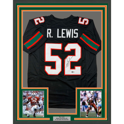 Framed Autographed/Signed Ray Lewis 35x39 Miami Black College Football Jersey Beckett BAS COA