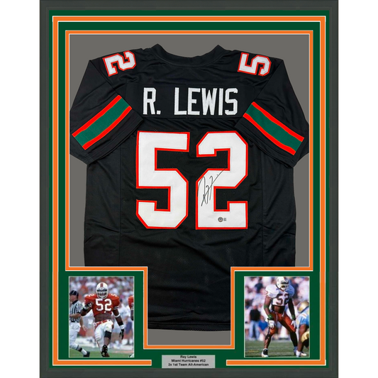 Framed Autographed/Signed Ray Lewis 35x39 Miami Black College Football Jersey Beckett BAS COA