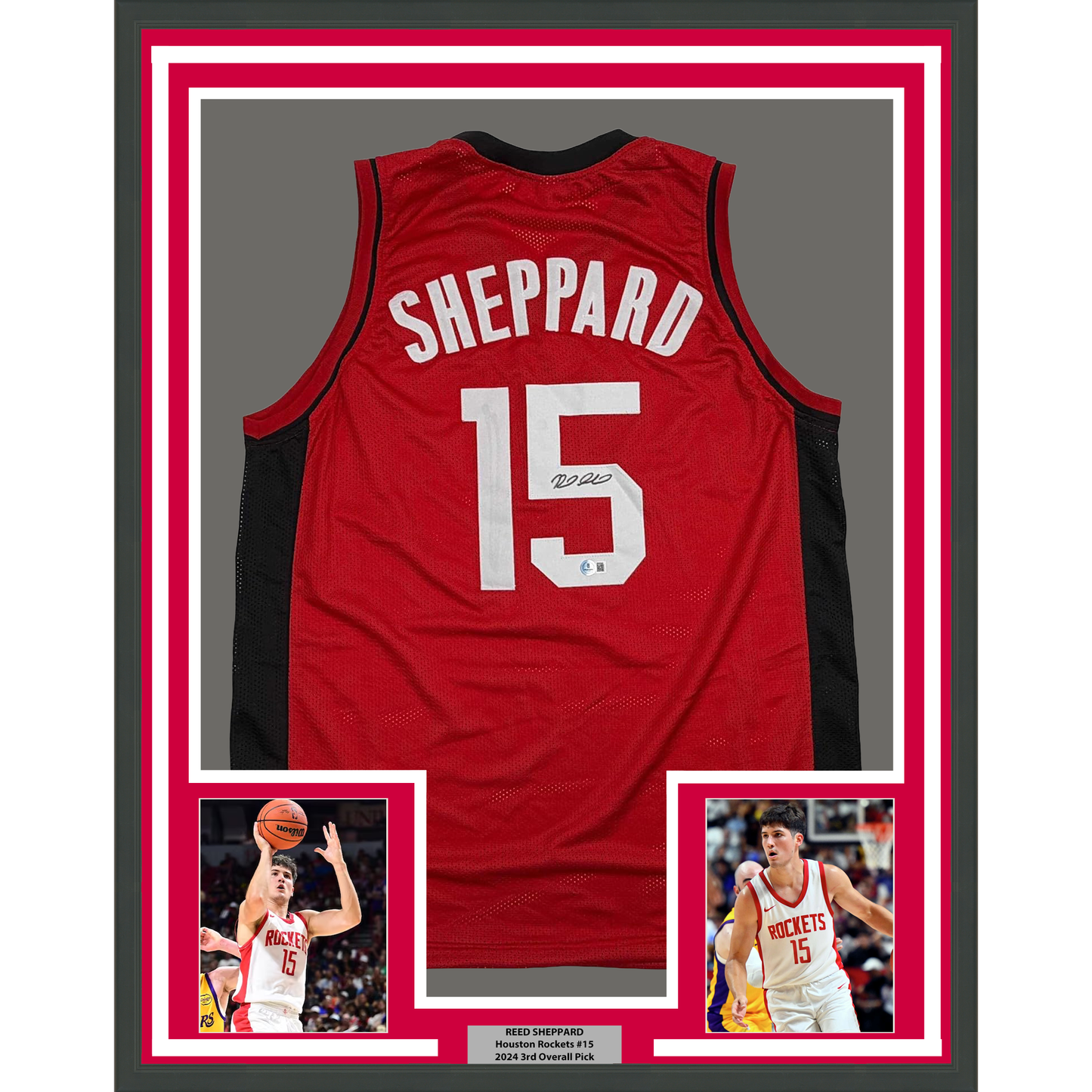 Framed Autographed/Signed Reed Sheppard 35x39 Houston Red Basketball Jersey Beckett BAS COA