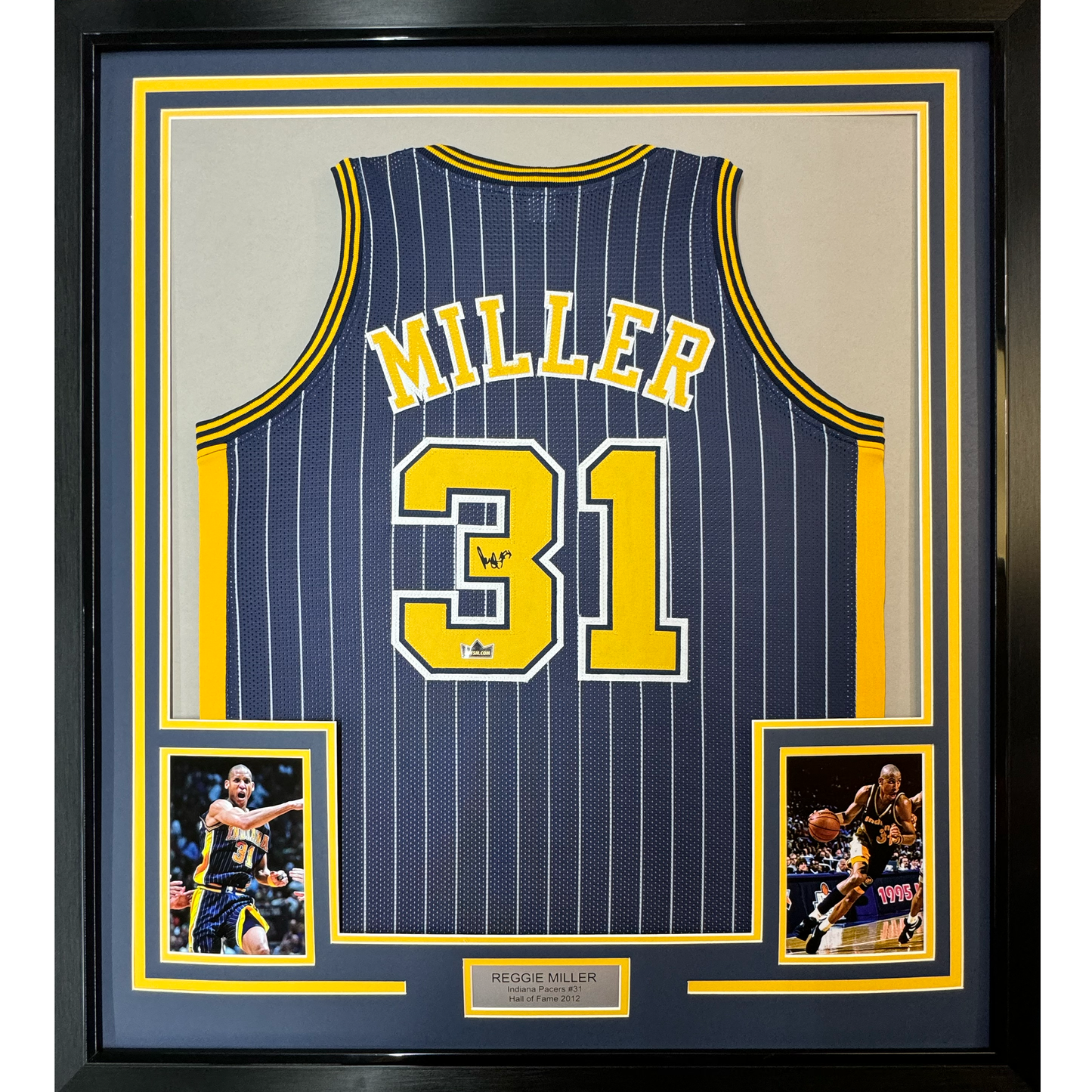 Framed Facsimile Autographed Reggie Miller 35x39 Indiana Blue Pinstripe Reprint Laser Auto Basketball Jersey