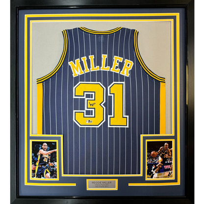 Framed Facsimile Autographed Reggie Miller 35x39 Indiana Blue Pinstripe Reprint Laser Auto Basketball Jersey
