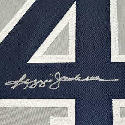 Framed Autographed/Signed Reggie Jackson 35x39 New York Grey Baseball Jersey JSA COA
