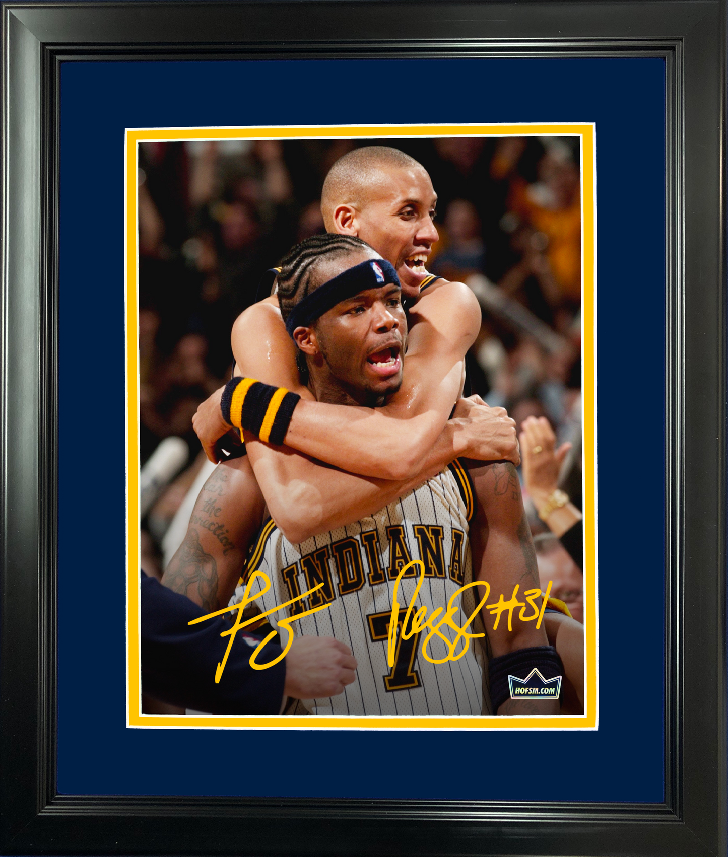 Framed Reggie Miller & Jermaine O'Neal Dual Facsimile Laser Engraved Signature Auto 11"x14"Basketball Photo HOFSM Holo