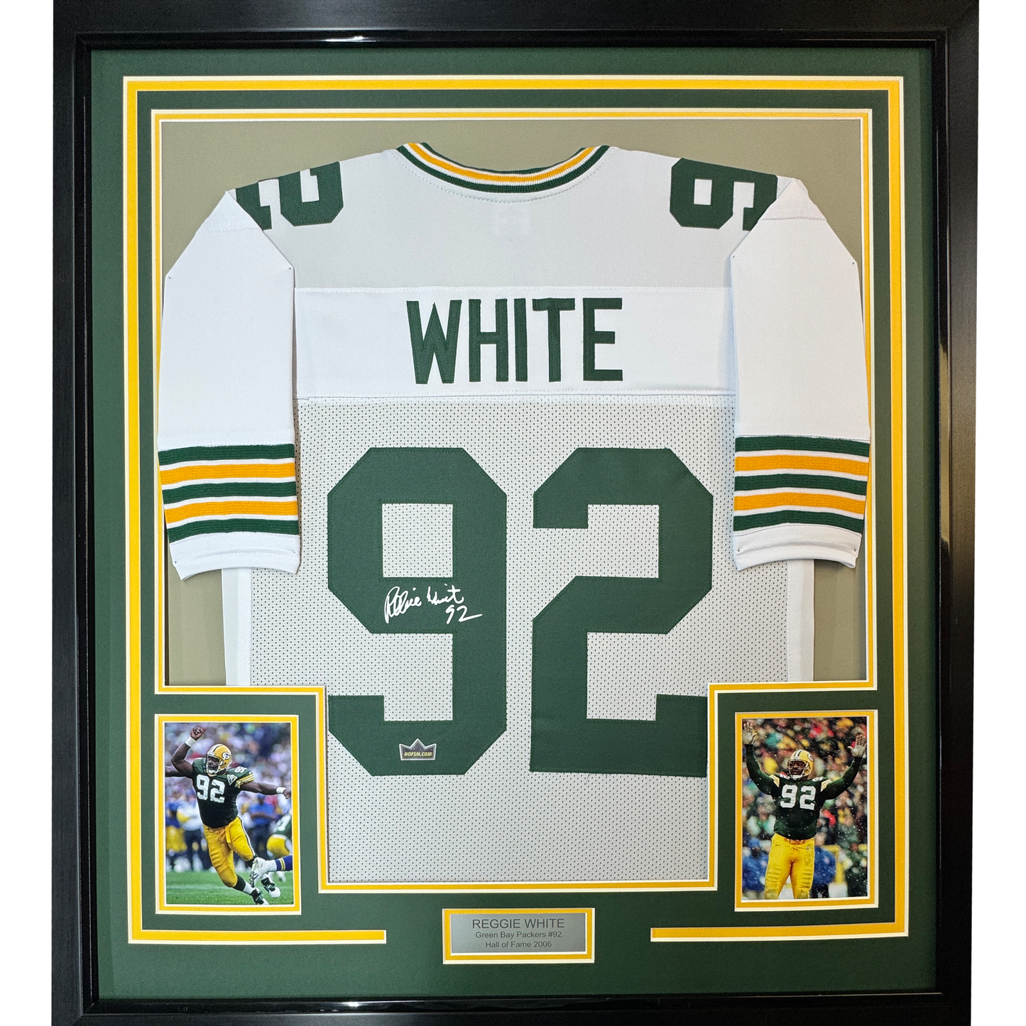 Framed Facsimile Autographed Reggie White 35x39 Green Bay White Reprint Laser Auto Football Jersey