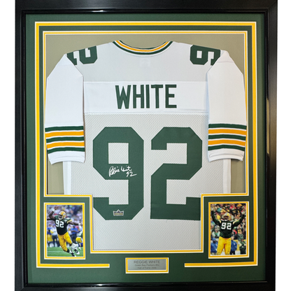 Framed Facsimile Autographed Reggie White 35x39 Green Bay White Reprint Laser Auto Football Jersey