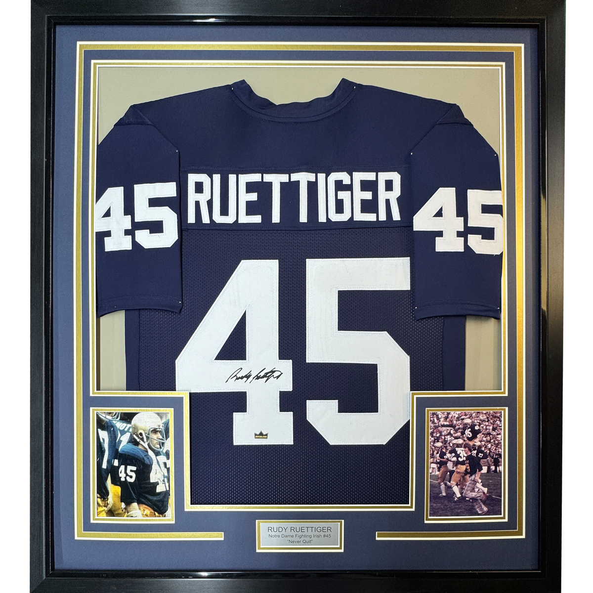 Framed Facsimile Autographed Rudy Ruettiger 35x39 Notre Dame Blue Reprint Laser Auto College Football Jersey
