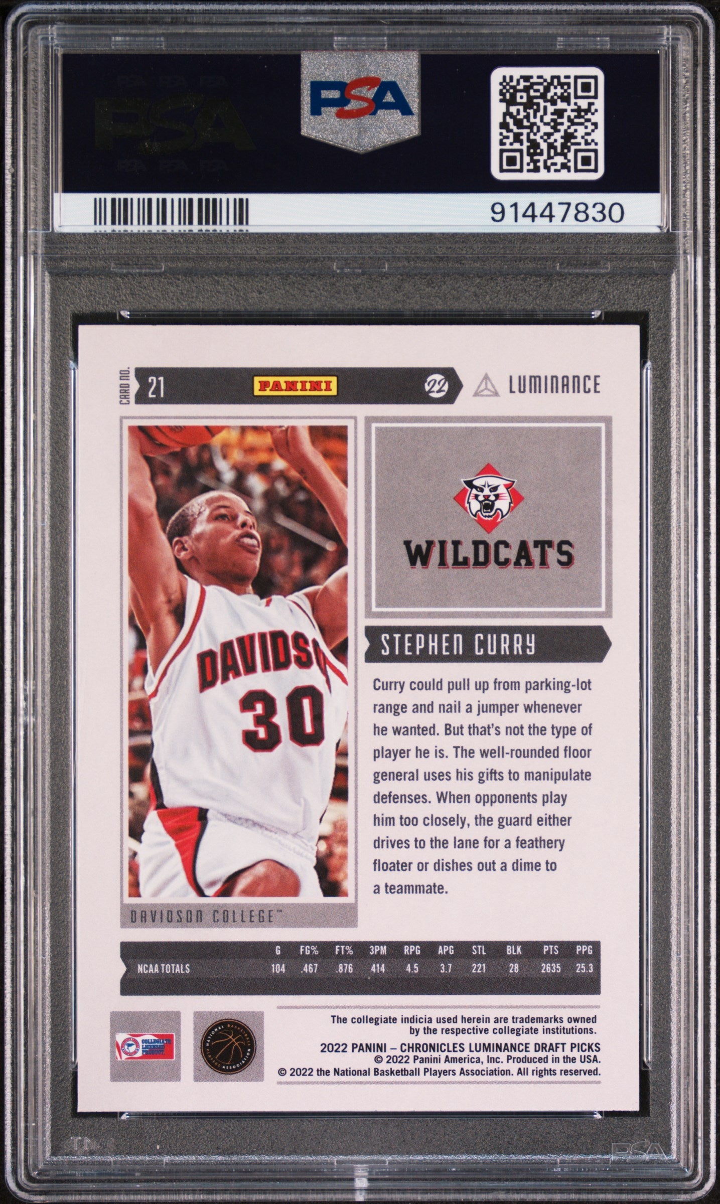 Graded 2022 Panini Chronicles Draft Picks Stephen Curry #21 Luminance Basketball Card PSA 9 Mint