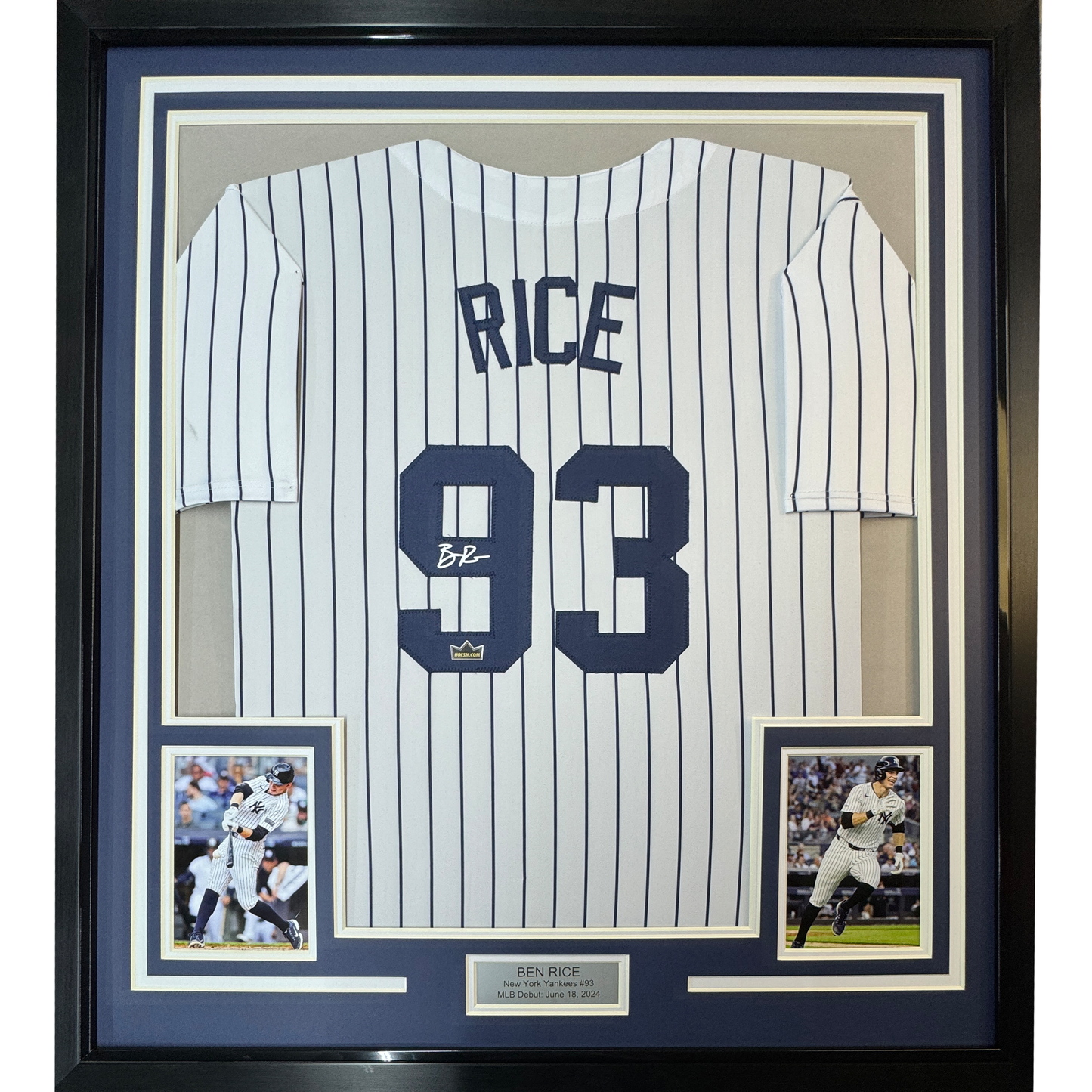 Framed Facsimile Autographed Ben Rice 35x39 New York Pinstripe Reprint Laser Auto Baseball Jersey