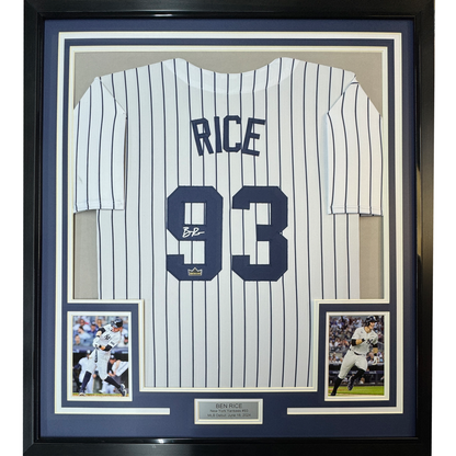 Framed Facsimile Autographed Ben Rice 35x39 New York Pinstripe Reprint Laser Auto Baseball Jersey