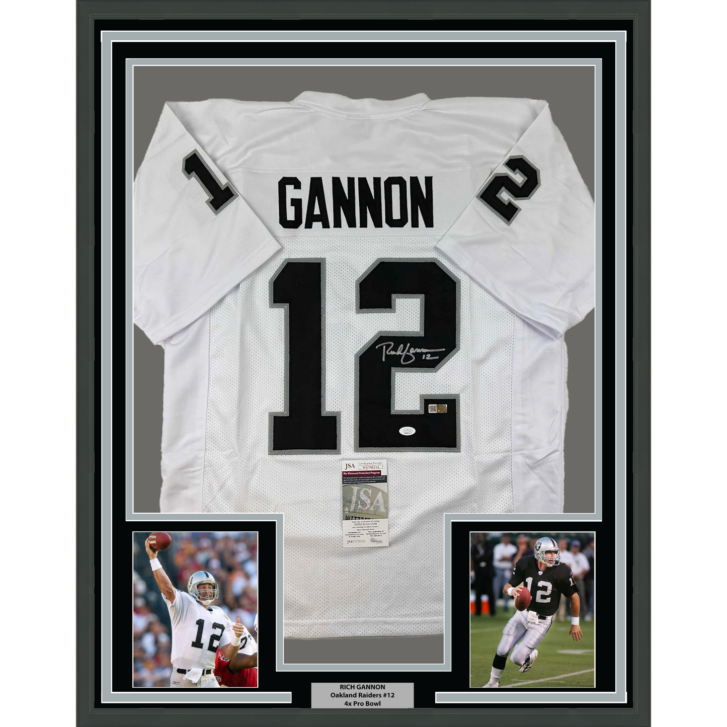 Framed Autographed/Signed Rich Gannon 35x39 Oakland Las Vegas White Football Jersey JSA COA
