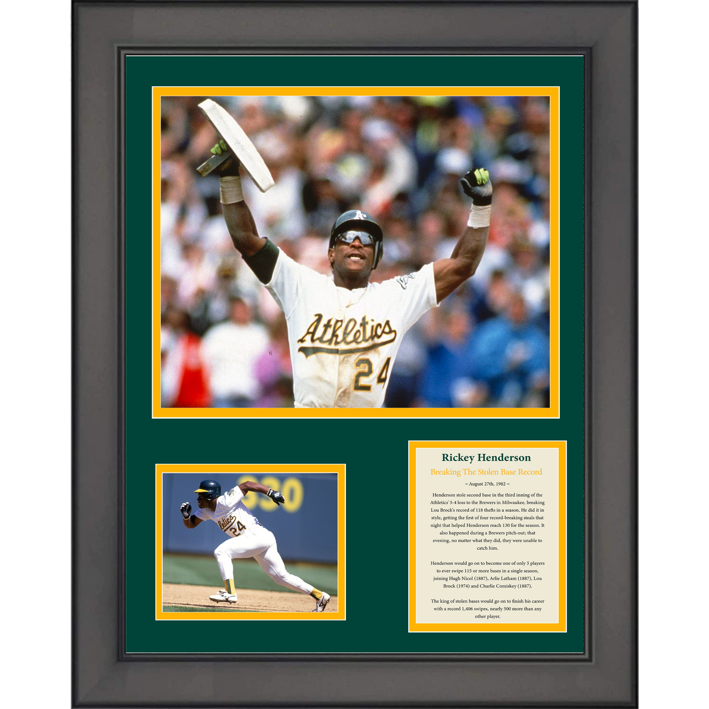 Framed Rickey Henderson Single Season Steals Record Oakland Athletics Baseball 11"x14"Three Photo Collage