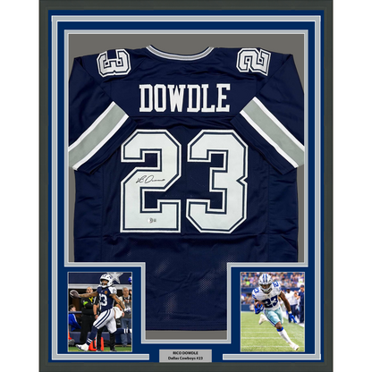 Framed Autographed/Signed Rico Dowdle 35x39 Dallas Blue Football Jersey Beckett BAS COA