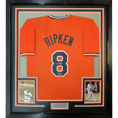 Framed Facsimile Autographed Cal Ripken Jr. 35x39 Baltimore Orange Reprint Laser Auto Baseball Jersey