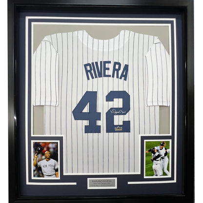 Framed Facsimile Autographed Mariano Rivera 35x39 New York Pinstripe Reprint Laser Auto Baseball Jersey