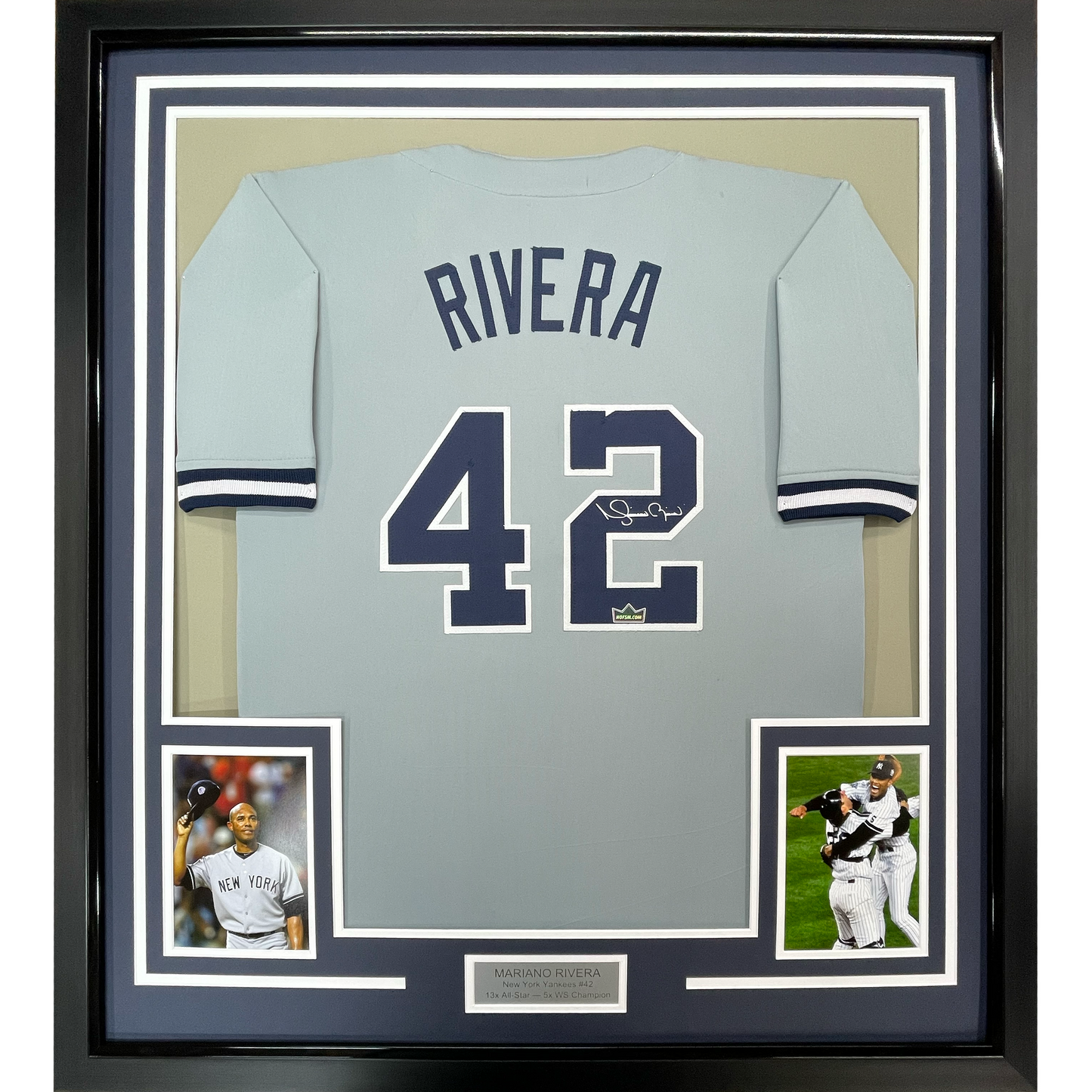 Framed Facsimile Autographed Mariano Rivera 35x39 New York Grey Reprint Laser Auto Baseball Jersey
