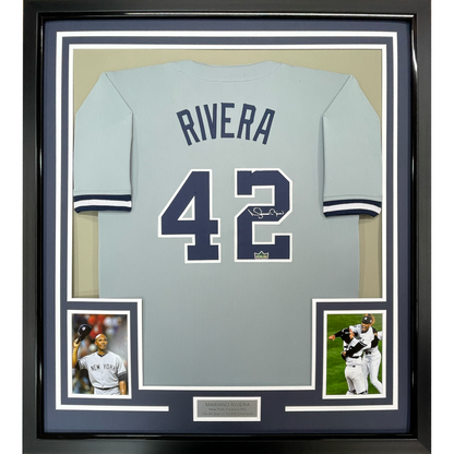 Framed Facsimile Autographed Mariano Rivera 35x39 New York Grey Reprint Laser Auto Baseball Jersey