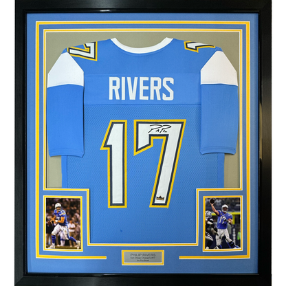 Framed Facsimile Autographed Philip Rivers 35x39 Los Angeles LA Powder Blue Reprint Laser Auto Football Jersey
