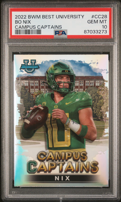 Graded 2022 Bowmans Best University Bo Nix #CC28 Campus Captains Rookie RC Football Card PSA 10 Gem Mint