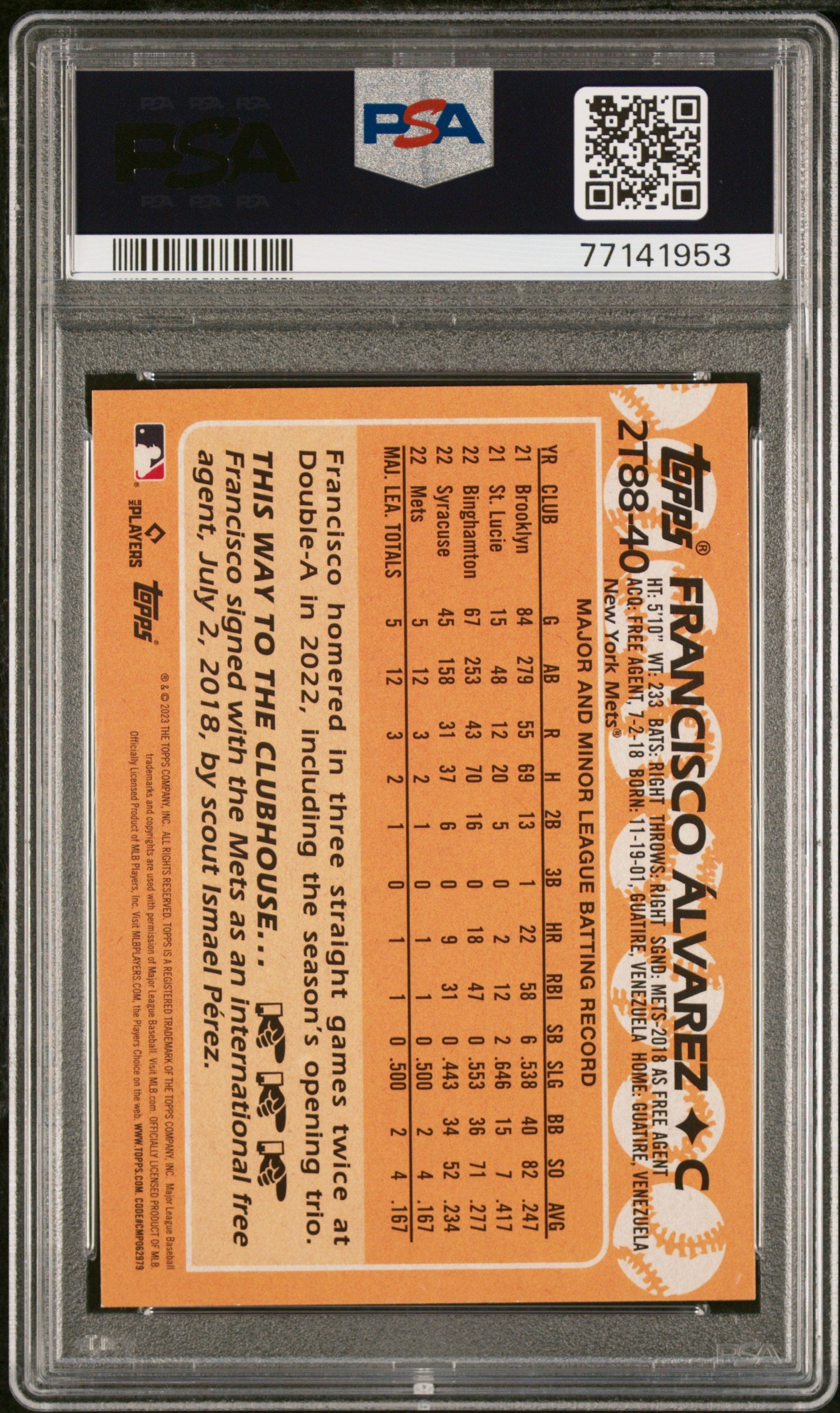 Graded 2023 Topps Francisco Alvarez #2T8840 1988 Topps Rookie RC Baseball Card PSA 10 Gem Mint