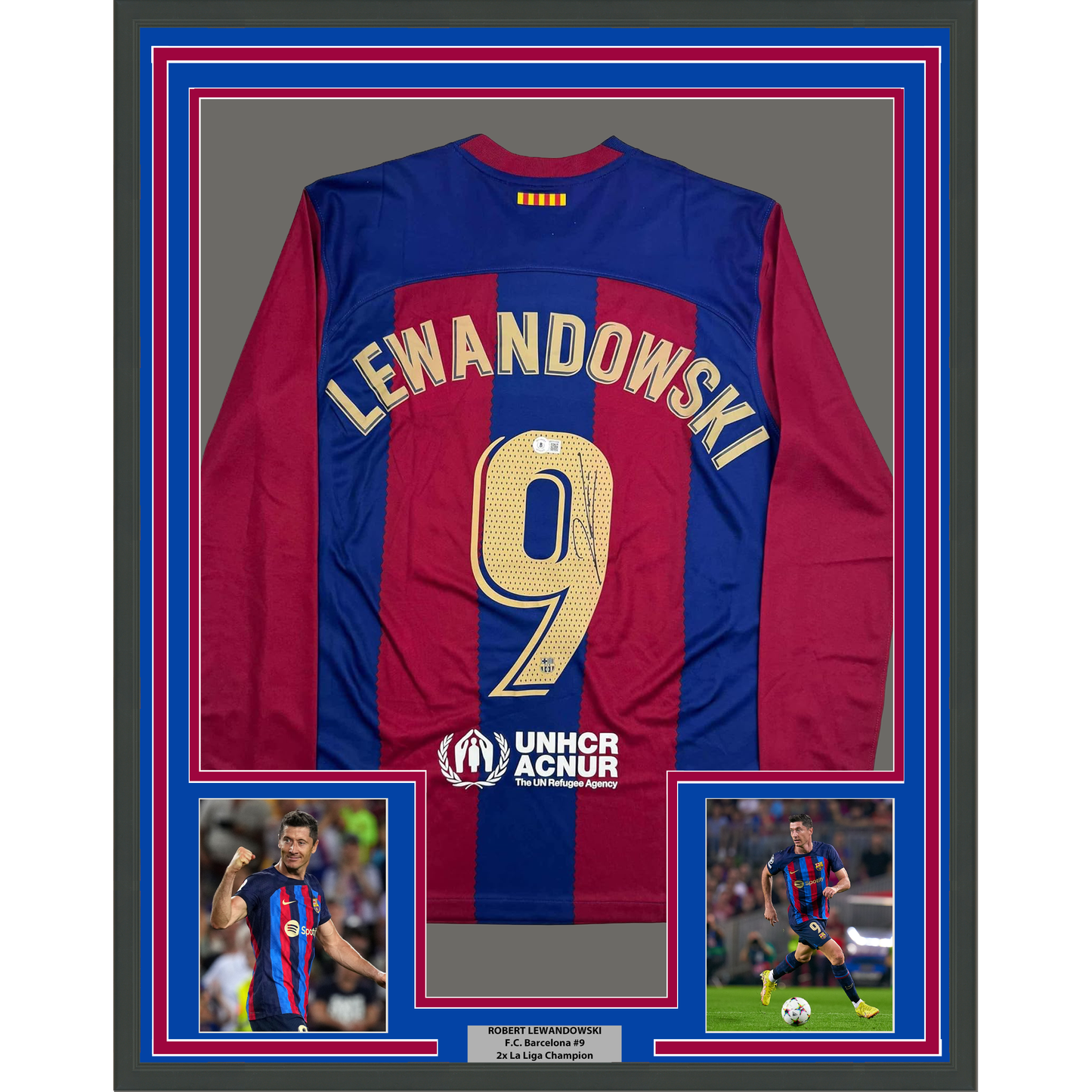 Framed Autographed/Signed Robert Lewandowski 35x39 FC Barcelona Blue Soccer Jersey Beckett BAS COA