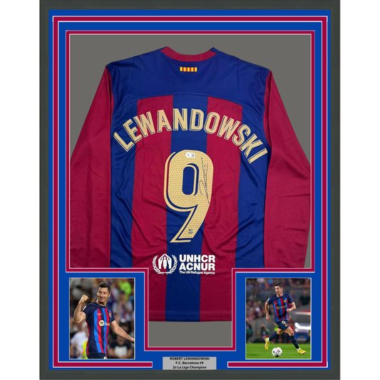 Framed Autographed/Signed Robert Lewandowski 35x39 FC Barcelona Blue Soccer Jersey Beckett BAS COA