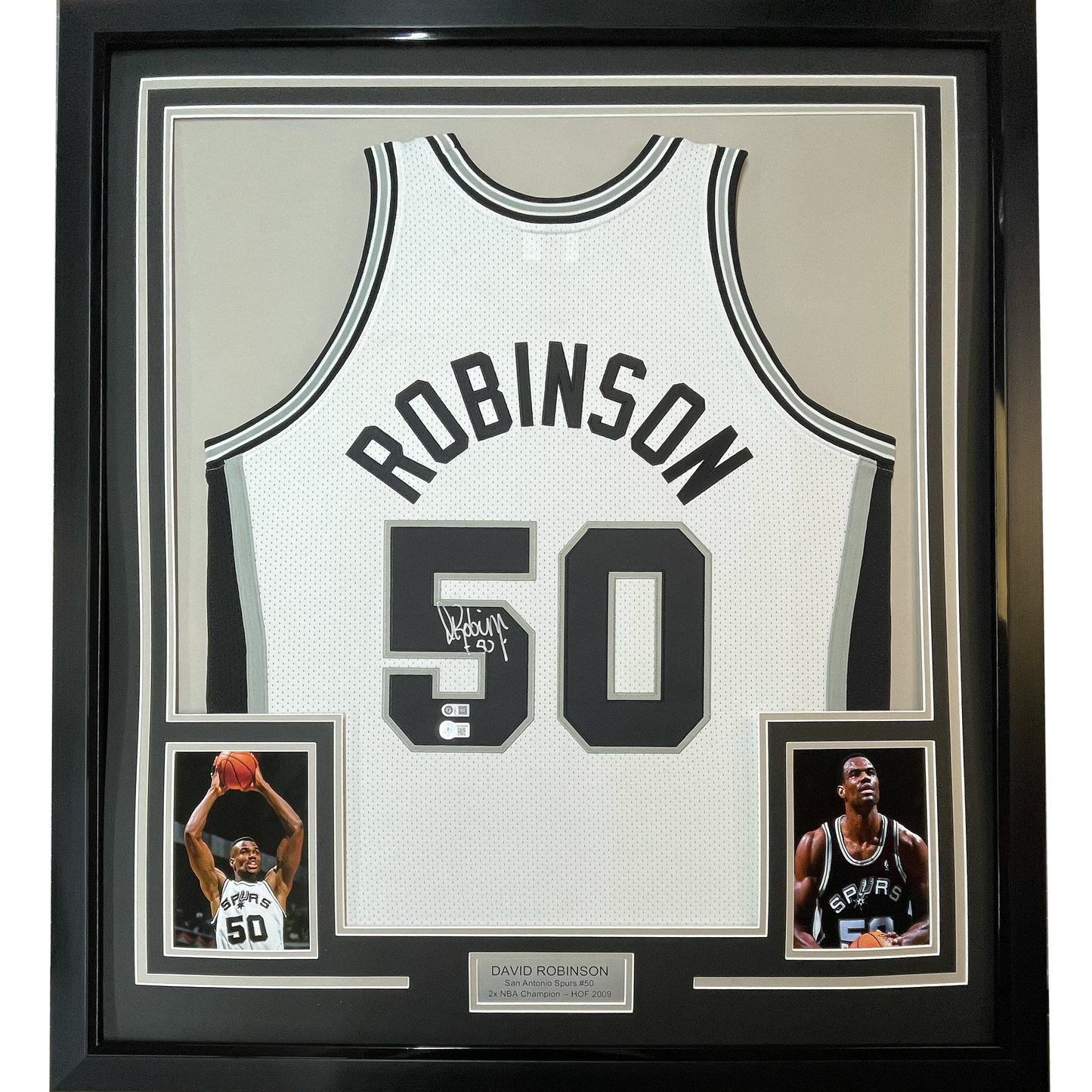 Framed Autographed/Signed David Robinson 35x39 San Antonio Spurs White Mitchell & Ness HWC Basketball Jersey Beckett BAS COA