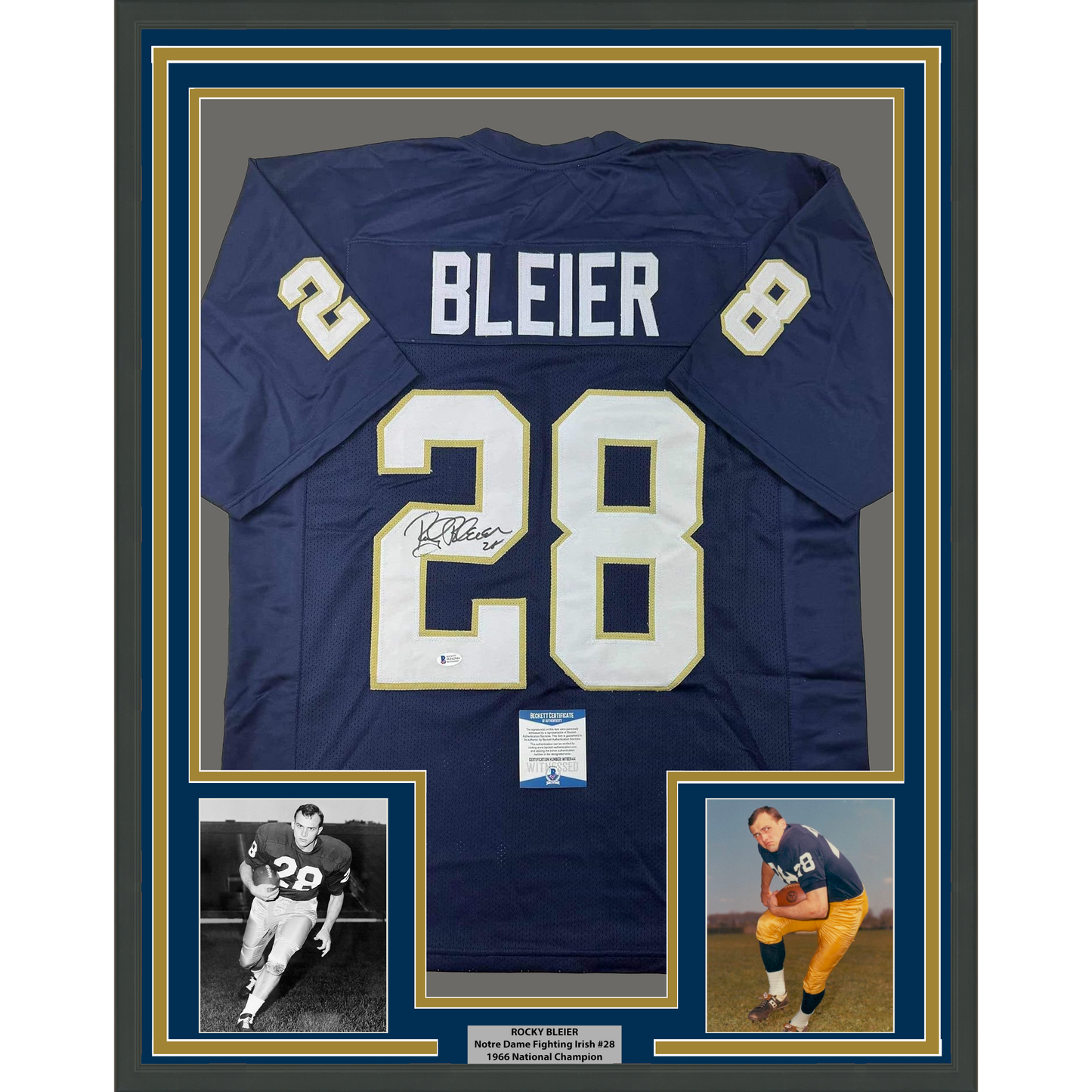 Framed Autographed/Signed Rocky Bleier 35x39 Notre Dame Blue College Football Jersey JSA COA