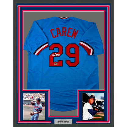 Framed Facsimile Autographed Rod Carew 35x39 Minnesota Blue Reprint Laser Auto Baseball Jersey