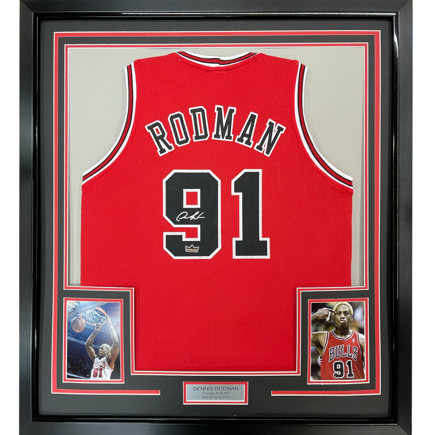 Framed Facsimile Autographed Dennis Rodman 35x39 Chicago Red Reprint Laser Auto Basketball Jersey
