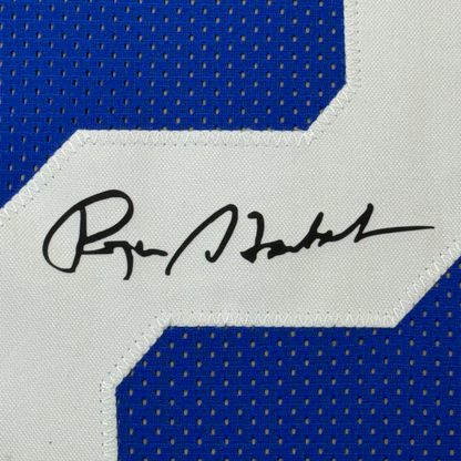 Framed Facsimile Autographed Roger Staubach 35x39 Dallas Blue Reprint Laser Auto Football Jersey
