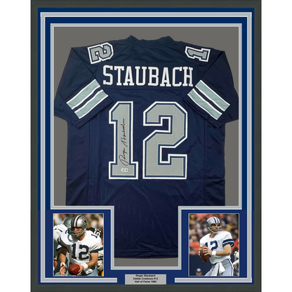 Framed Autographed/Signed Roger Staubach 35x39 Dallas Blue Football Jersey Beckett BAS COA
