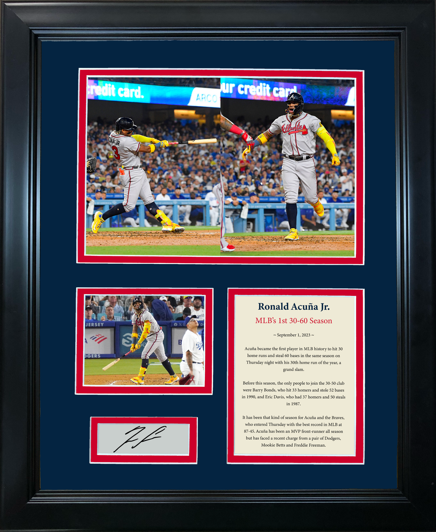 Framed Ronald Acuna Jr. MLB's First 30-60 Season Facsimile Laser Engraved Signature Auto Atlanta Braves Baseball 11"x14"Photo Sig Collage