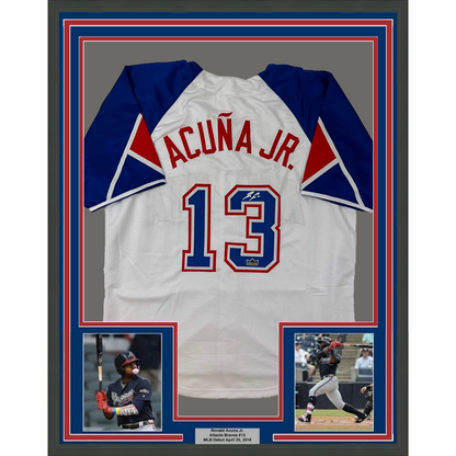 Framed Facsimile Autographed Ronald Acuna Jr. 35x39 Atlanta White Reprint Laser Auto Baseball Jersey