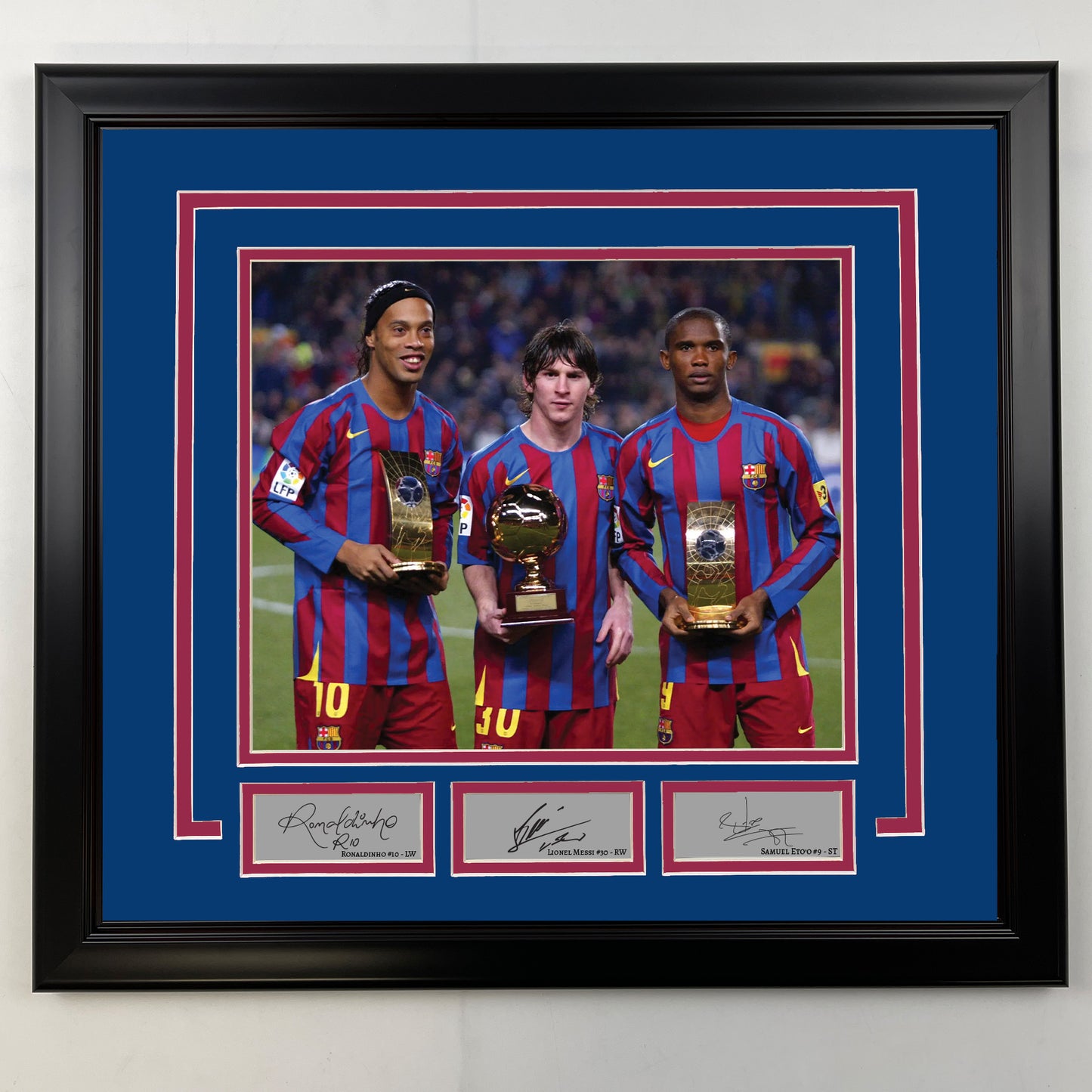 Framed Ronaldinho, Lionel Messi and Samuel Eto'o Facsimile Laser Engraved Signatures Barcelona 19x21 Soccer Photo