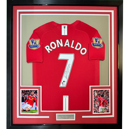 Framed Autographed/Signed Cristiano Ronaldo 35x39 Manchester United Red 2008 Soccer Jersey Beckett BAS COA