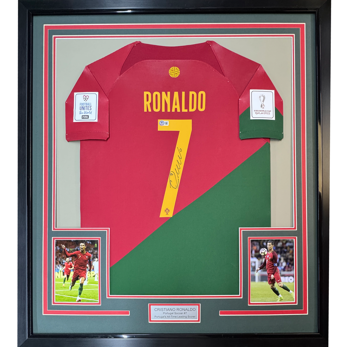 Framed Autographed/Signed Cristiano Ronaldo 35x39 Portugal Red World Cup Soccer Futbol Jersey Beckett BAS COA