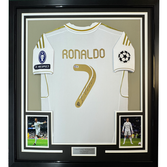 Framed Autographed/Signed Cristiano Ronaldo 35x39 Real Madrid White Soccer Jersey Beckett BAS COA