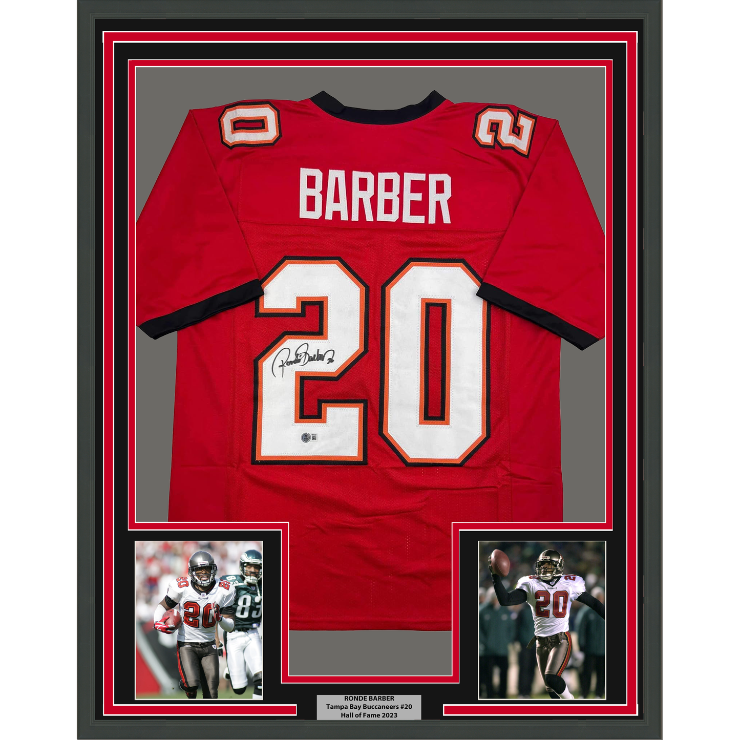 Framed Autographed/Signed Ronde Barber 35x39 Tampa Bay Red Football Jersey Beckett BAS COA