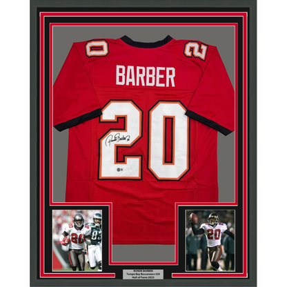 Framed Autographed/Signed Ronde Barber 35x39 Tampa Bay Red Football Jersey Beckett BAS COA