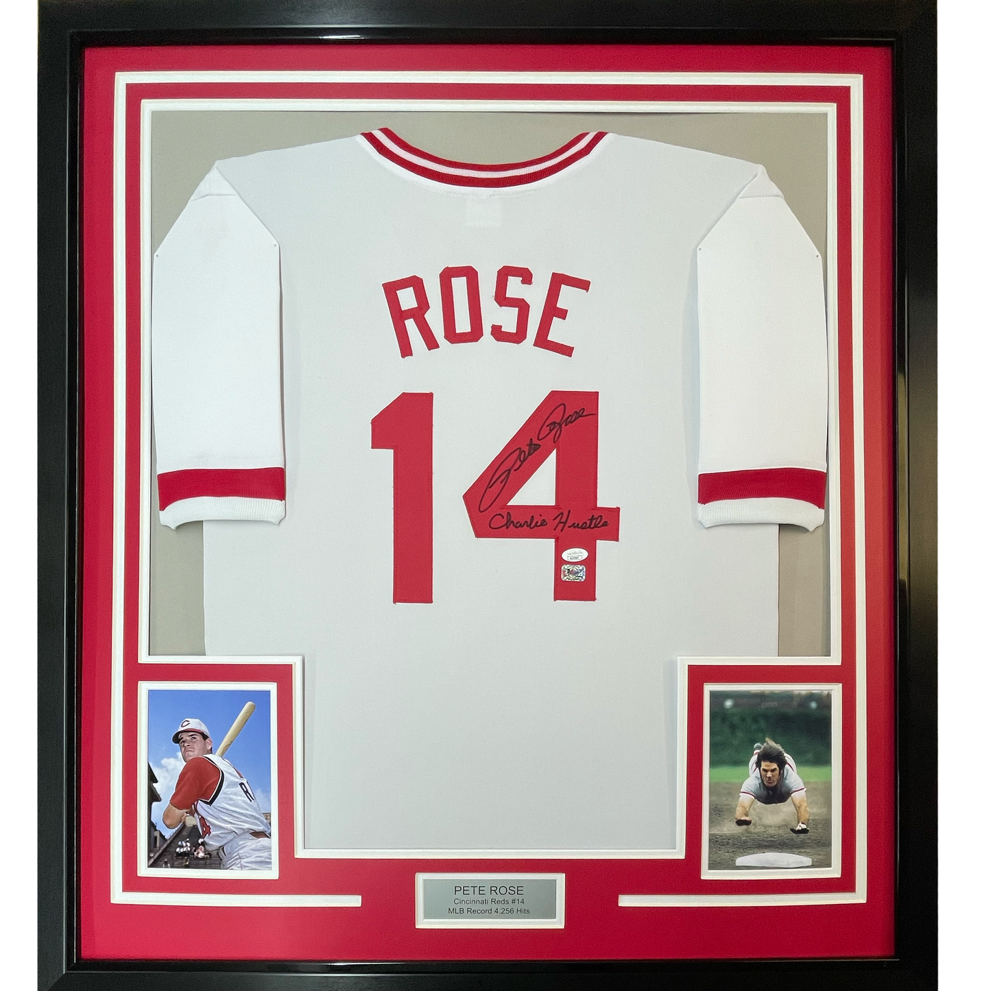 Framed Autographed/Signed Pete Rose 35x39 Inscribed Charlie Hustle Cincinnati White Baseball Jersey JSA COA