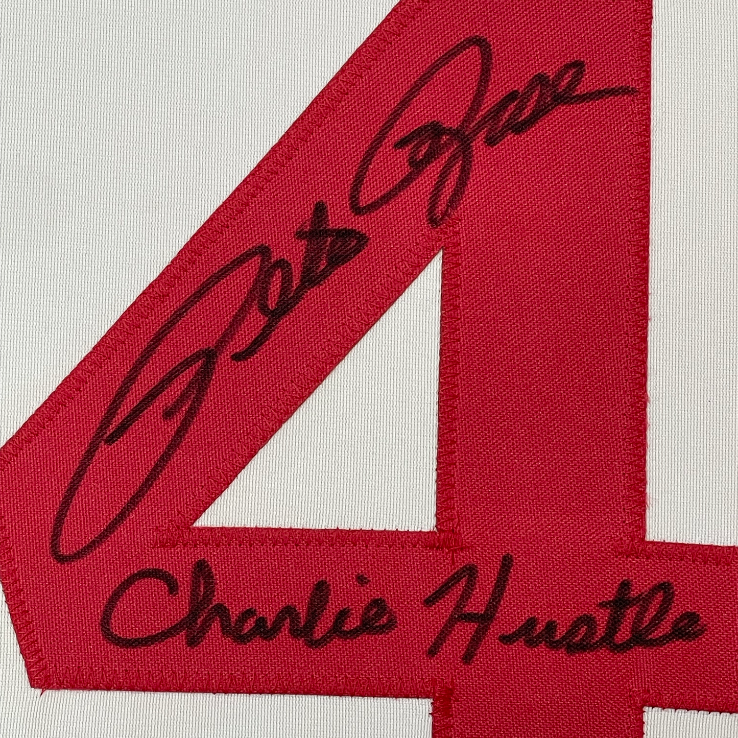 Framed Autographed/Signed Pete Rose 35x39 Inscribed Charlie Hustle Cincinnati White Baseball Jersey JSA COA